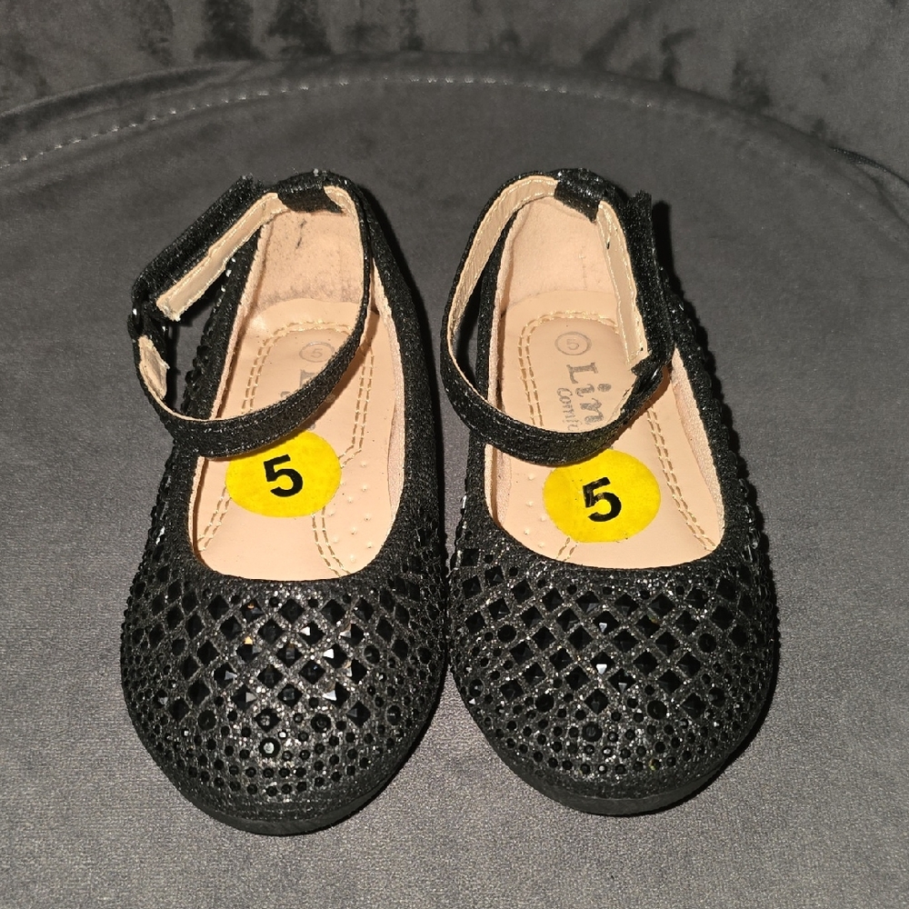 Link Black Glitter Toddler Girl Dress Shoes With Stone All Over